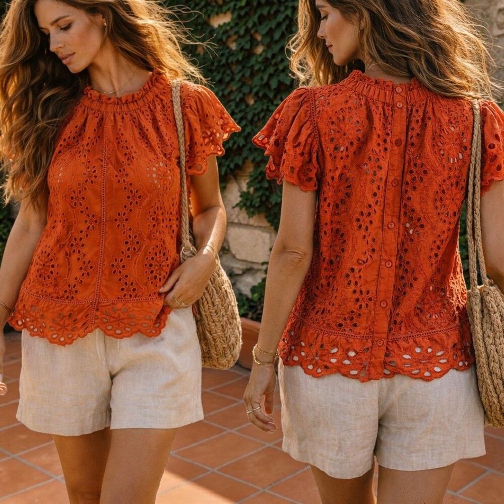Jennifer Grace S Eyelet Orange Ruffle Button Bk Boho Festival Sheer Cottage Top